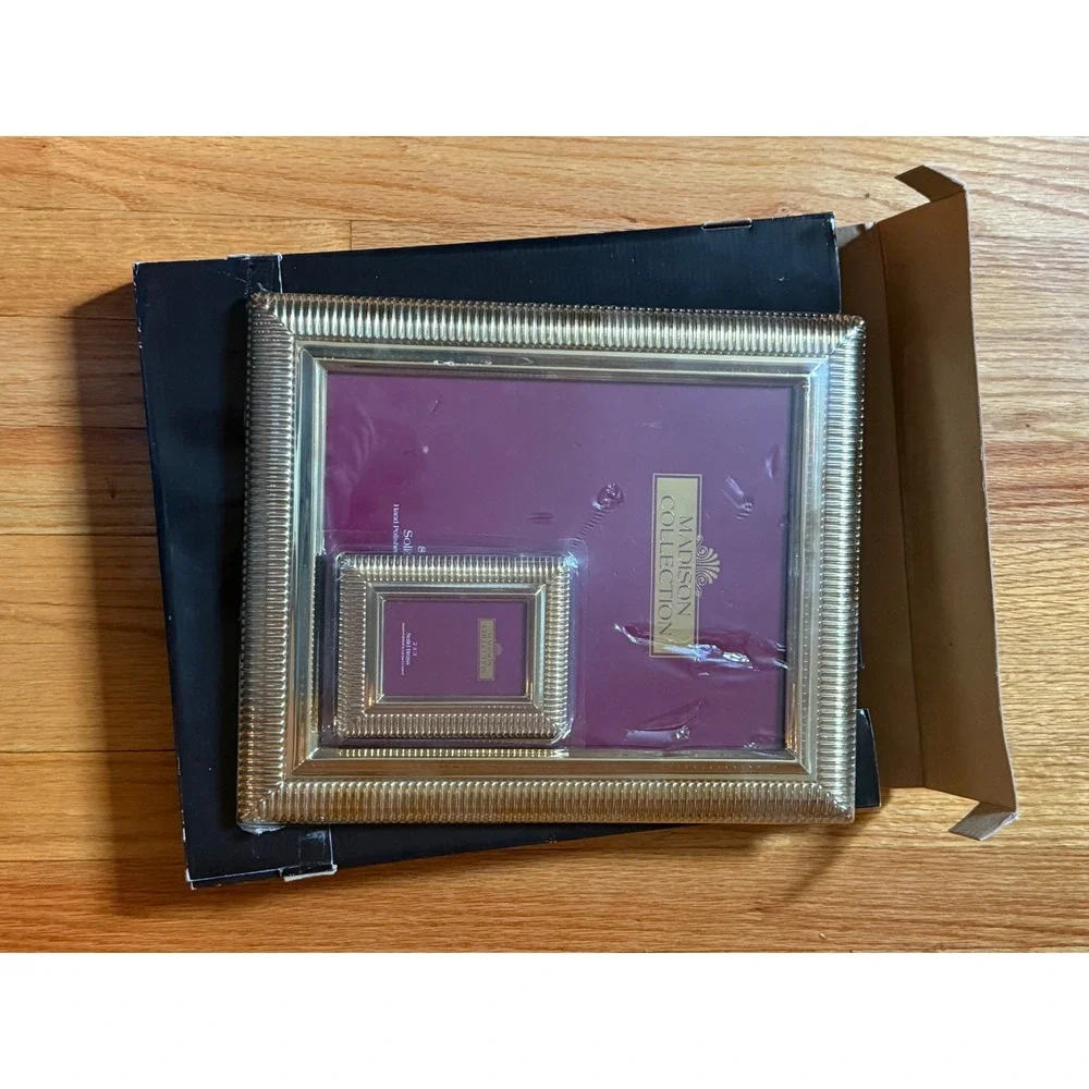 Madison Collection Solid Brass Ribbed Picture Frame Set 8x10 and 2x3 Gold Tone